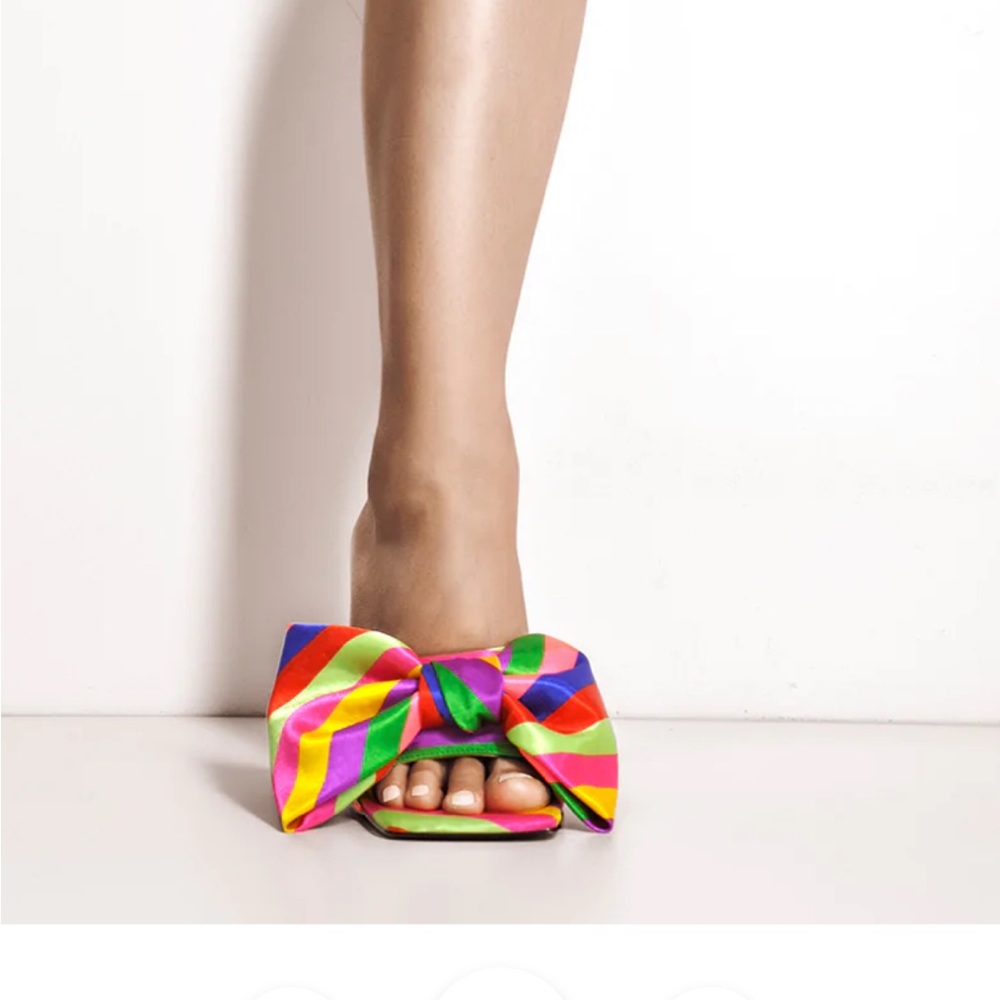Colour Bow Leather Square Toe High Stiletto Heels Sandals